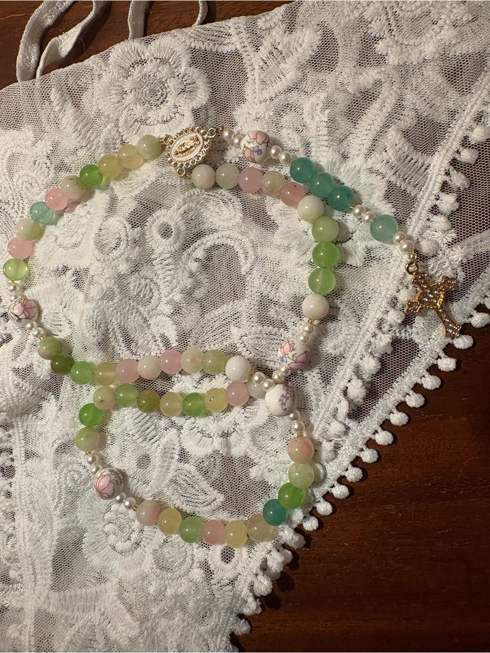 Pastel Multi-Bead Rosary Necklace with Gold Cross